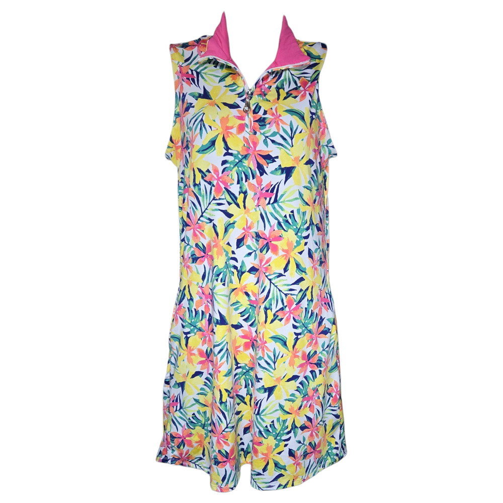 Emerald 18 Wom Small Pink Yellow Floral Sleeveless Polo Dress Golf Spring Summer